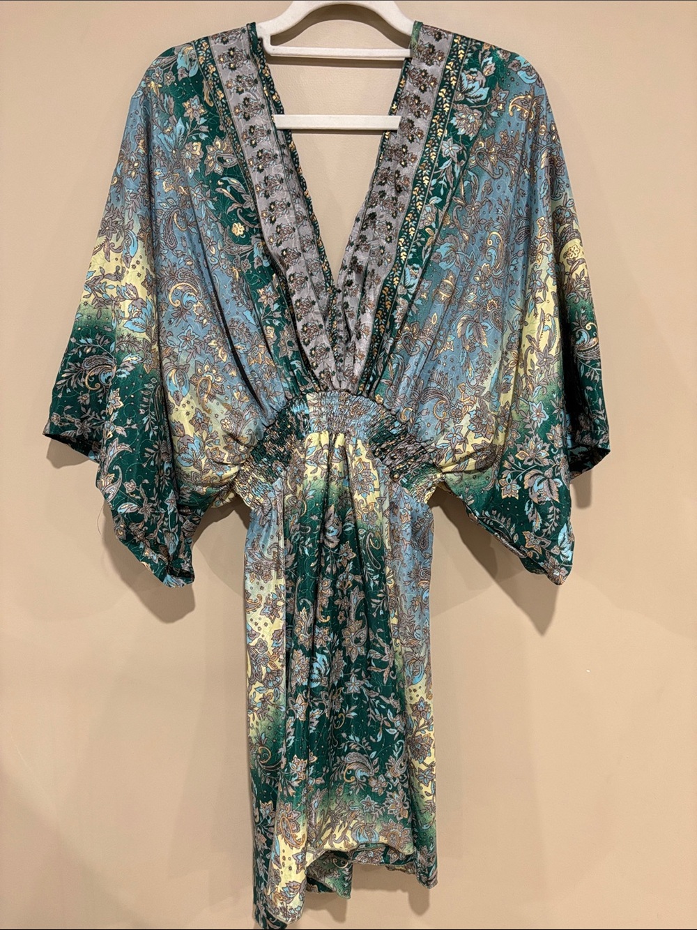 OS silk bohemian green paisley dress